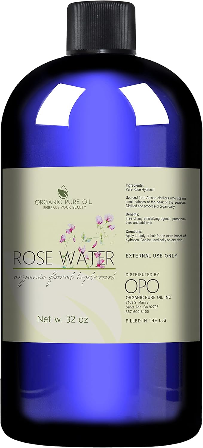 32 oz Rose Hydrosol Water β 100% Pure Rosewater Spray Mist Bulk β Hydrating Face Toner Rose Water for Skin and Hair Linen Spray for Sheets Room Freshener Body Spray Refill by Organic Pure Oil