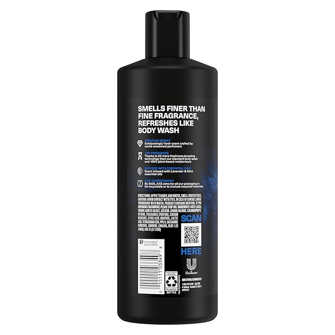 AXE Fine Fragrance Collection Body Wash For Men Blue Lavender 4 Count 12h Refreshing Scent Shower Gel Infused with Lavender, Mint, and Amber Essential Oils 18 oz