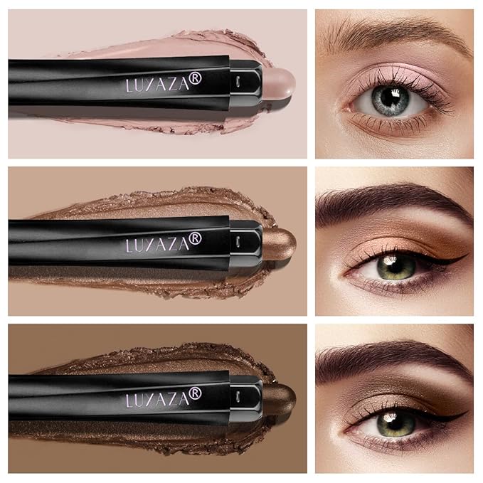 3Pcs Eyeshadow Stick Set, Matte And Shimmer Creamy Brown Gold Nude Shadow Pencil, Waterproof Long Lasting Smoky Eye Makeup