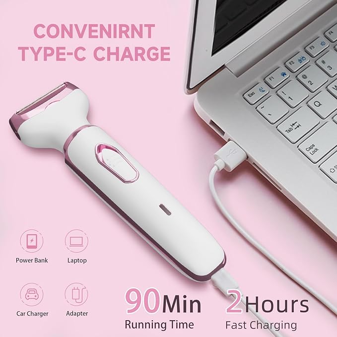 Women's Electric Razor Bikini Trimmer, 4-in-1 Cordless Shaver for Face, Legs, Underarms, Pubic Hair – Wet/Dry Use, Painless Hair Removal