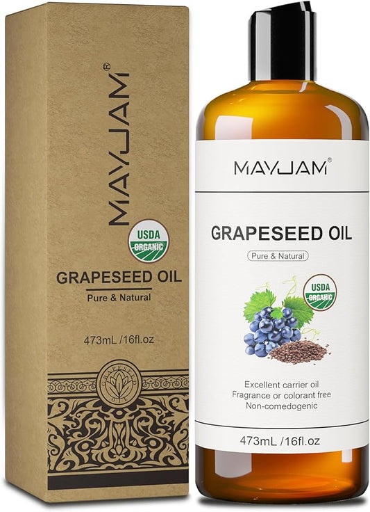 Organic Grapeseed Oil 16Oz: 100% Pure&Natural ColdPressed Carrier Oil USDA Certified Grape Seed Extract HexaneFree Unscent Liquid Moisturizer,Massage Body Face Oil for Women&Men Face Skin&Hair