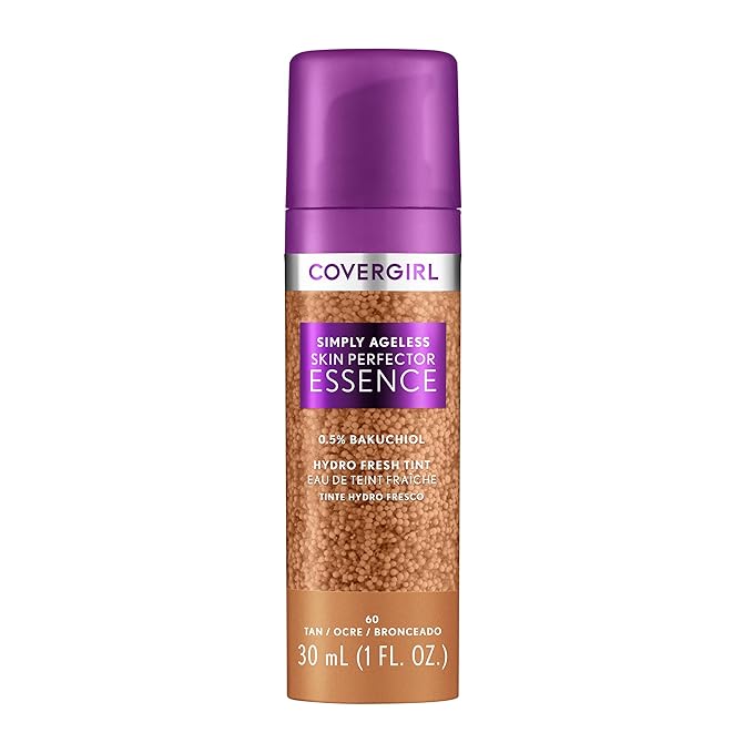Covergirl Simply Ageless Skin Perfector Essence Foundation, 60 Tan, Tinted Skin Perfector, Skincare Makeup Hybrid, Sheer Tint, Radiant Finish, Skin-Like Finish, Vegan Formula, 1.0oz