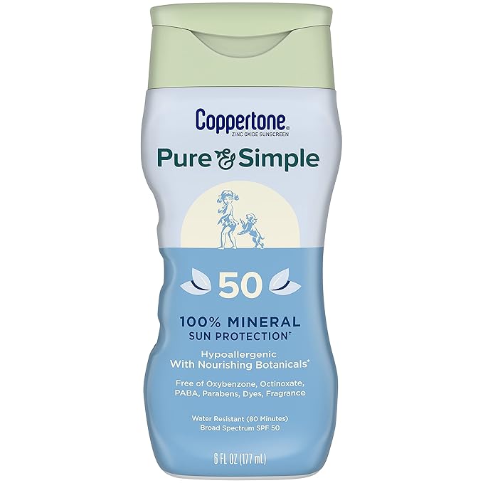 Coppertone Pure and Simple Zinc Oxide Mineral Sunscreen Lotion SPF 50, Body Sunscreen, Water Resistant, Broad Spectrum SPF 50 Sunscreen for Sensitive Skin, 6 Fl Oz Bottle