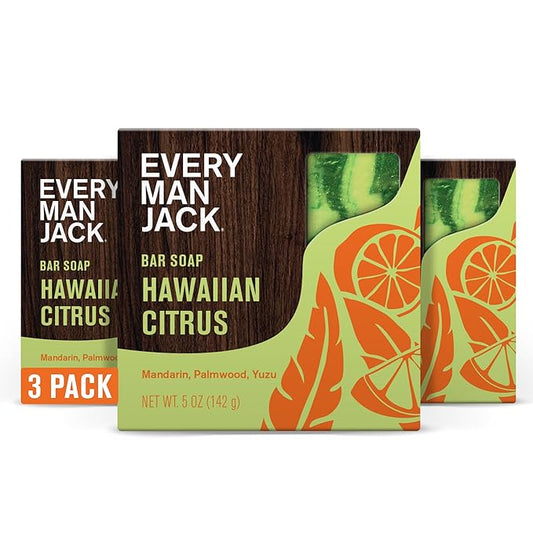 Every Man Jack Cold Processed Mens Bar Soap - Hawaiian Citrus Scent - Deeply Cleans & Hydrates w/Naturally Derived Ingredients - (3 Pack)