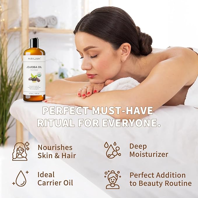 Jojoba Carrier Oil for Skin Pure Massage Oils 16 fl.oz.Cold Pressed Unrefined Natural Jojoba Oil for Hair,Face Body,Ear Stretch,Nails,Deeply Moisturizing for Essential Oils Mixing