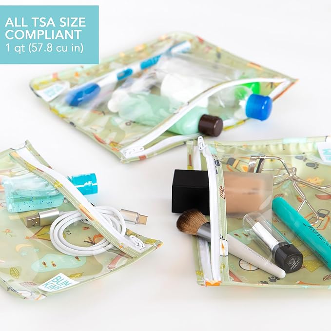 Bumkins Travel Bag, Toiletry, TSA Approved Pouch, Zip Bag, Quart Size Airline Compliant, Clear-Sided, Baby, Diaper Bag Organization, Makeup, Accessories, Packing, Set of 3 Sizes, Camp Gear Green