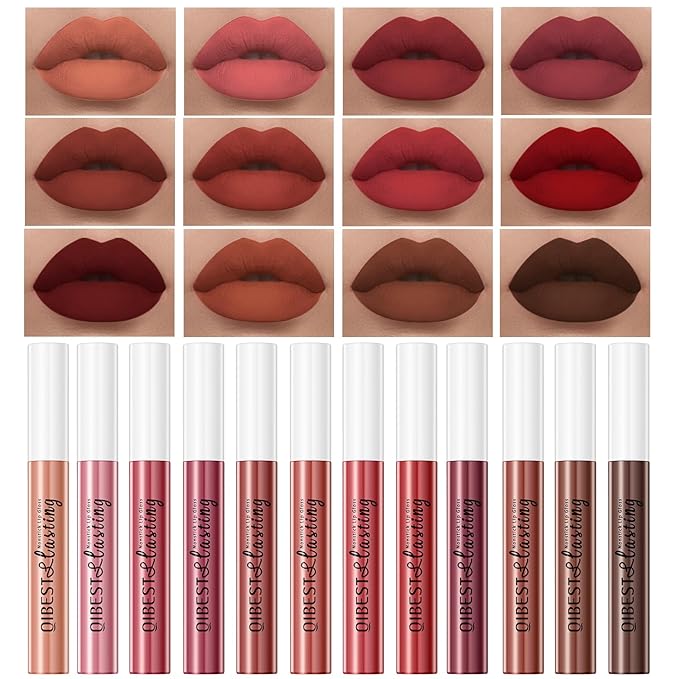 QiBest 12Pcs Velvet Matte Liquid Lipstick Makeup Sets for Women & Teens Gift, Waterproof Long Wear 24 Hours Nudes Burgundy Red Brown Lip Stain Kits, Non-Stick Cup Mate 24 Horas Lip Gloss Holiday Set