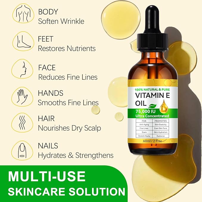 Natural Vitamin E Oil for Skin, 75,000 IU Ultra Concentrated Vitamin E Oil for Face, Hair and Scars, Moisturizing Dry Skin Oils, Promotes Skin Elasticity, 2Fl Oz