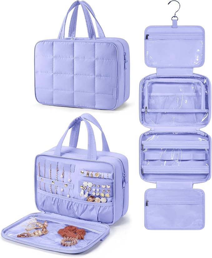 BAGSMART Travel Toiletry Bag with Jewelry Organizer, Hanging Travel Bag for Toiletries, Puffy Makeup Cosmetic Bag Organizer, Carry-on Travel Accessories Essentials, Purple-L