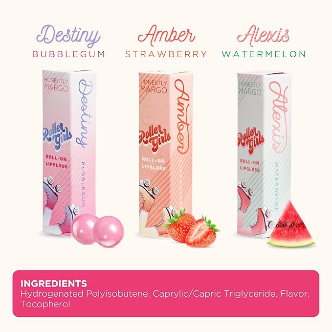 Roller Girl Roll-On Lip Gloss (Strawberry Amber, Watermelon Alexis, Bubblegum Destiny - Pack of 3) – Lip Gloss for Women with Hydrating Vitamin E & Moisturizing Shine, Non Stick Gloss