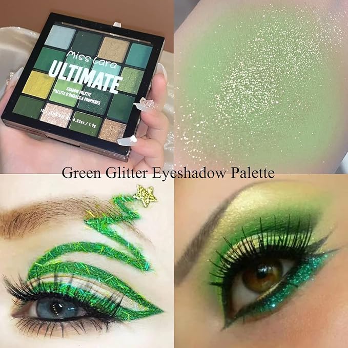 St Patricks Day16 Colors Green Glitter Matte Eyeshadow Makeup Palette,Forest Green Yellow Colorful Eye Shadow Plattet Highly Pigmented Dark Green Eyeshadow for Cosplay Halloween SFX