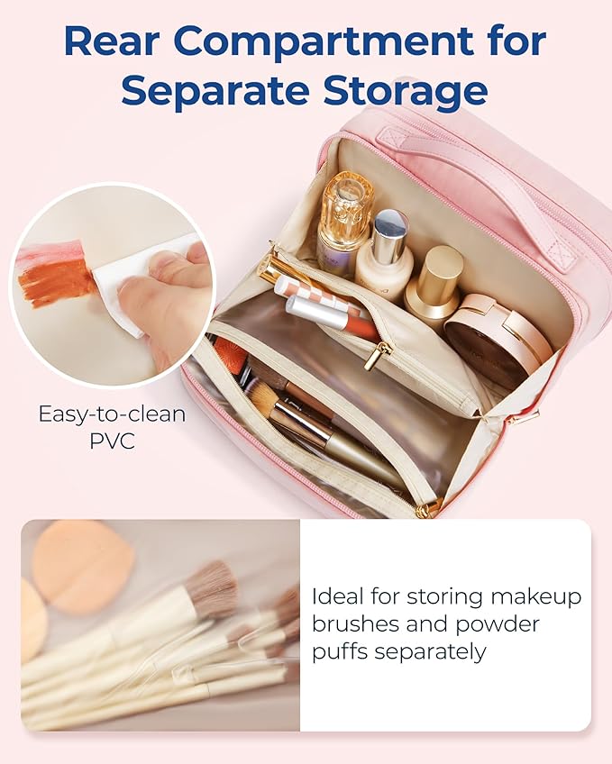 BAGSMART Travel Makeup Bag Large Capacity Cosmetic Bag, Wide-open Portable Make Up Bag Organizer for Women for Travel Essentials Toiletries Accessories Bottles, Brushes, Pink