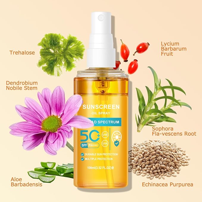 KYDA 2 Bottles Oil Sunscreen Spray, Glow Oil Sunscreen Mist SPF 50, Lightweight Hydration Body Sunscreen Oil, Refreshing Sunscreen Spray, Broad Spectrum UVA/UVB Protection