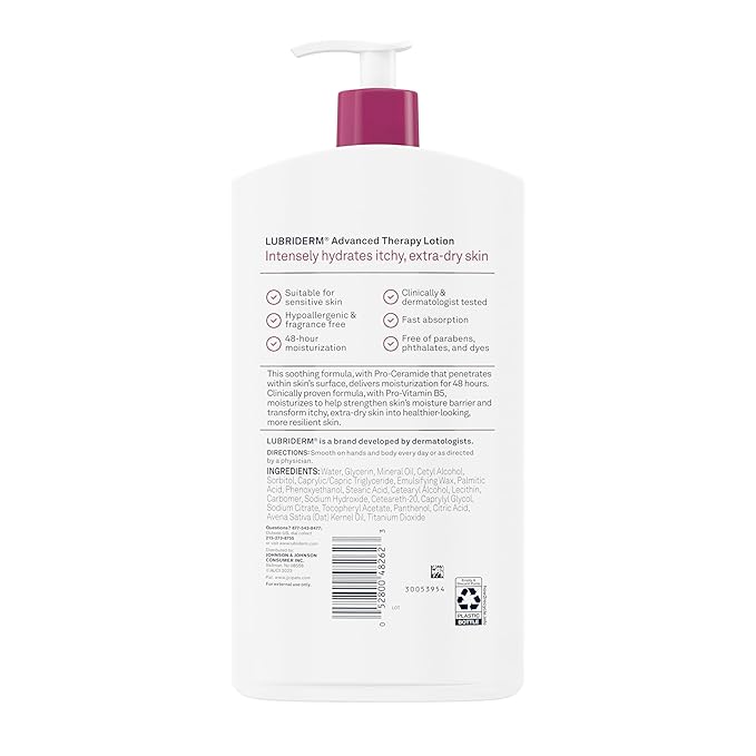 Lubriderm Advanced Therapy Fragrance-Free Moisturizing Lotion with Vitamins E and Pro-Vitamin B5, Intense Hydration for Extra Dry Skin, Non-Greasy Formula, Pack of Three, 3 x 24 fl. oz