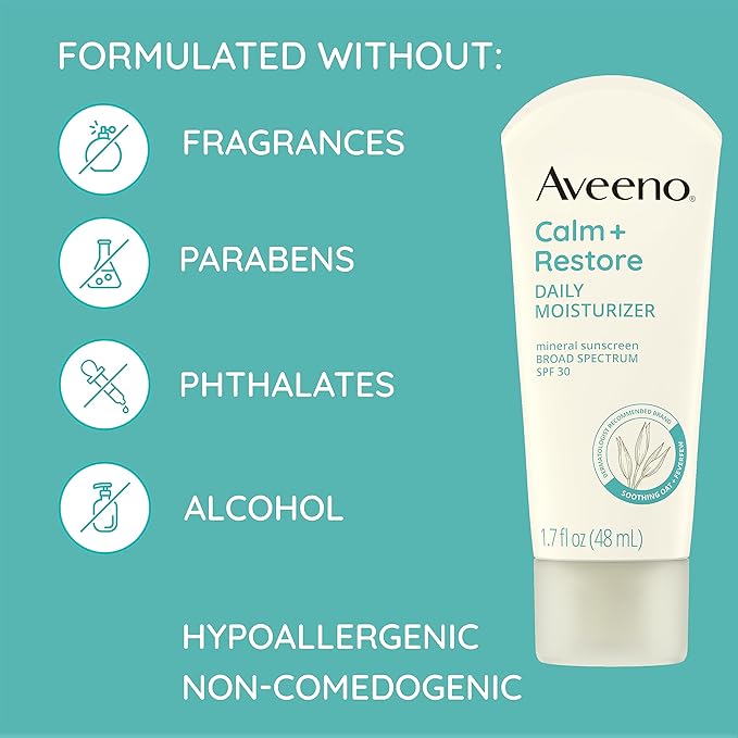 Aveeno Calm + Restore Daily Moisturizer Mineral Sunscreen with Broad Spectrum SPF 30, Lightweight All Day Moisture + UVA/UVB Sun Protection for Sensitive Skin, Fragrance Free, 1.7 fl. Oz