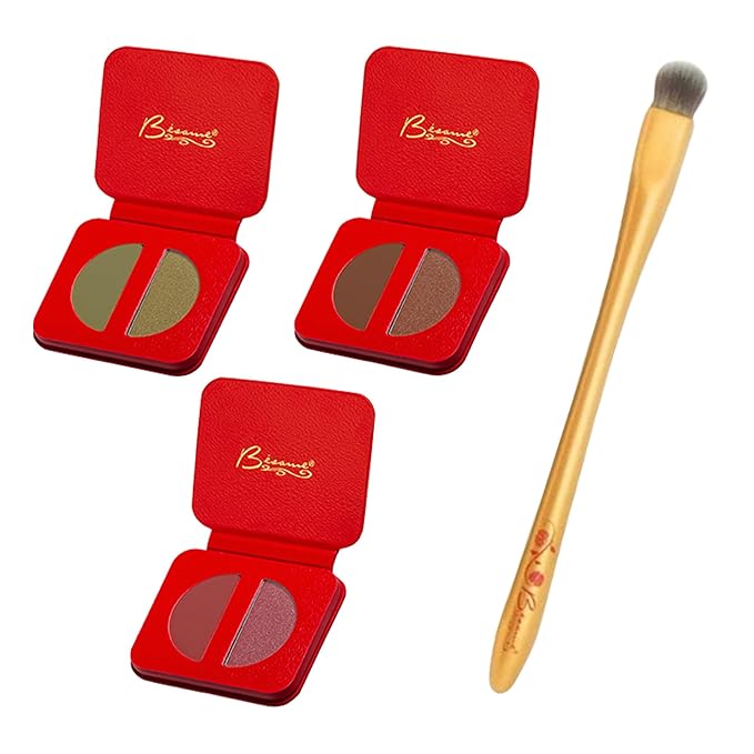BESAME 3 Eyeshadow Duo & Shadow Brush Set – Socialite Brown, Pistachio, Plum Dandy – Ultra-Blendable Matte & Shimmer with Cruelty-Free Shadow Brush
