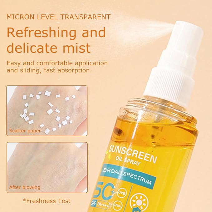 KYDA 2 Bottles Oil Sunscreen Spray, Glow Oil Sunscreen Mist SPF 50, Lightweight Hydration Body Sunscreen Oil, Refreshing Sunscreen Spray, Broad Spectrum UVA/UVB Protection