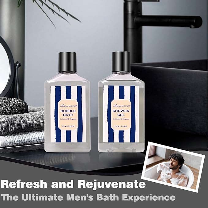 Valentines Day Gifts for Men, Bath and Body Gift Sets for Men with 10 Pcs Cedar & Bergamot Spa Gifts for Men, Bath Sets Includes Shower Gel, Bubble Bath, Body Mist. Perfect Father's Day Gifts for Men