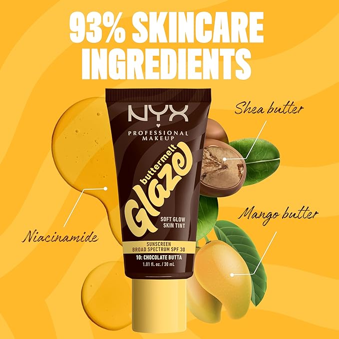 NYX PROFESSIONAL MAKEUP Buttermelt Glaze Soft Glow Skin Tint + SPF 30, Up To 12HR Wear, 10 Chocolate Butta