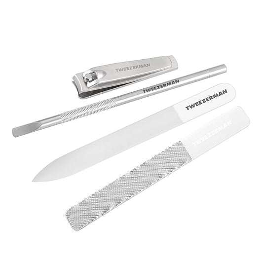 Tweezerman Glass Manicure Set Includes Nail Clipper, Cuticle Pusher, Glass Nail File, and Glass Nail Buffer