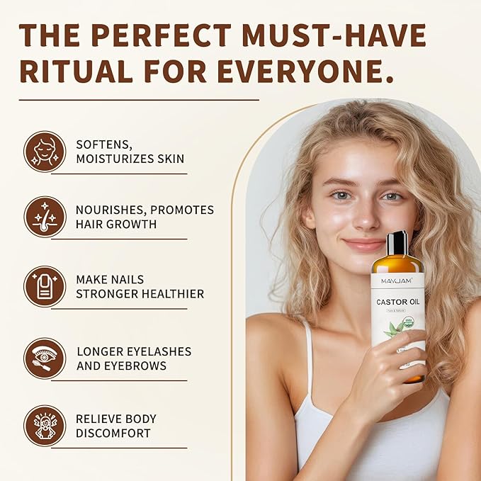 Organic Castor Body Oil: Cold Pressed 16OZ USDA Certified 100% Pure Organic Castor Oils for Hair Growth&Skin Oil for Eyebrows, Eyelash Carrier Oil for Women&Men Hair Moisturizer,Hexane-Free