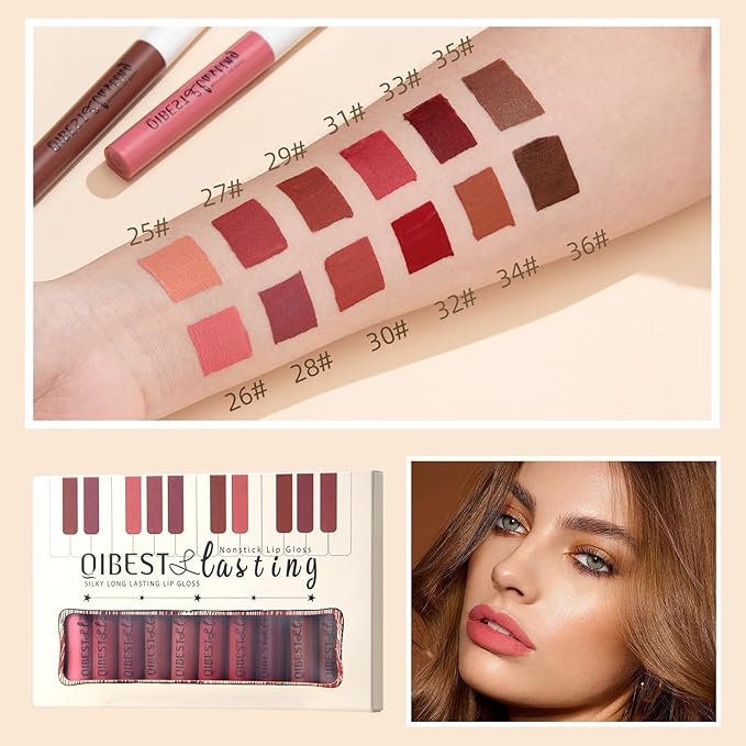 QiBest 12Pcs Velvet Matte Liquid Lipstick Makeup Sets for Women & Teens Gift, Waterproof Long Wear 24 Hours Nudes Burgundy Red Brown Lip Stain Kits, Non-Stick Cup Mate 24 Horas Lip Gloss Holiday Set