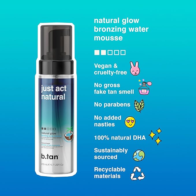 b.tan Clear Self Tanner Bronzing Water Foam | Just Act Natural - Best 1 Hour Express Sunless Tanning Mousse, Dark, Transfer-Free, Enriched With Coconut Water & Vitamin E, Face & Body, 6.7 Fl oz