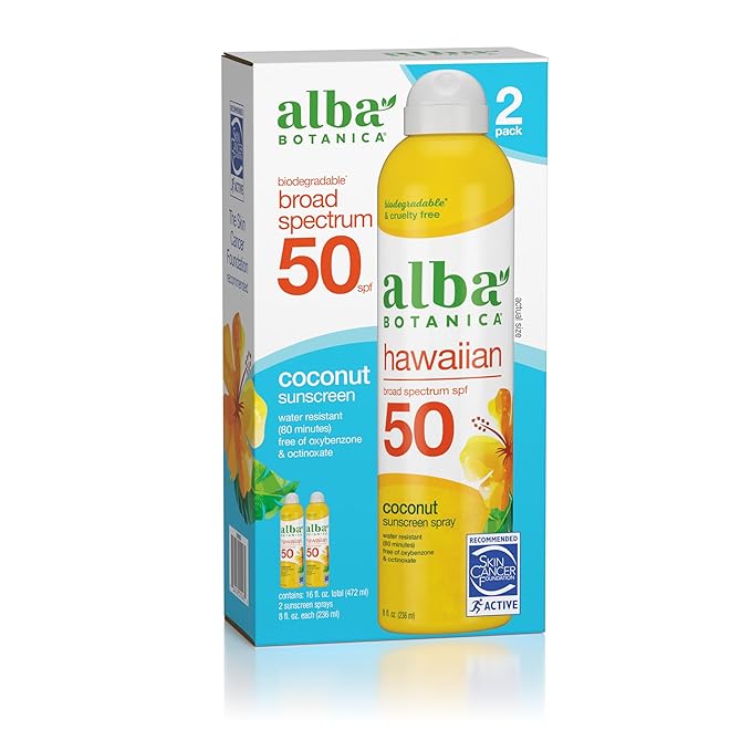 Alba Botanica Hawaiian Coconut Sunscreen, Spray Broad Spectrum SPF 50 Sunscreen, Water Resistant and Biodegradable 8 fl oz Bottle (Pack of 2)