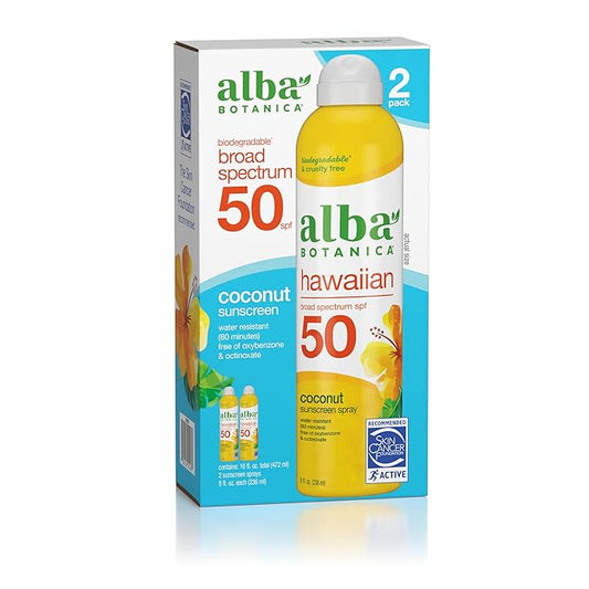 Alba Botanica Hawaiian Coconut Sunscreen, Spray Broad Spectrum SPF 50 Sunscreen, Water Resistant and Biodegradable 8 fl oz Bottle (Pack of 2)