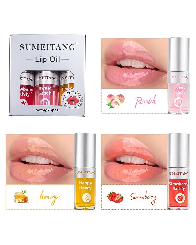 3Pcs Hydrating Lip Oil Set,Non-sticky Lip Oils Gloss Lip Balm Lip Care,Deeply Nourishing and Repairing Prevents Lips Chapped and Lighten Lip Lines(Honey,Peach,Strawberry)