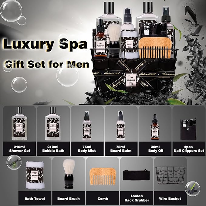 Valentines Day Gifts for Men Spa Gifts for Men, Charcoal Bath and Body Gift Set for Men, 10 Pcs Spa Kits Ideal Birthday, Christmas. Men's Relaxation Bath Baskets, Self Care Kit