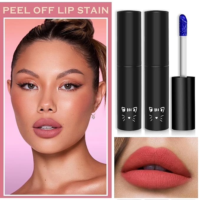 2PCS Peel Off Lip Stain Lip Tint Matte Liquid Lipstick Nude Lip Gloss Long Lasting Waterproof Lip Tint Stain Non-stick Cup Peel Off Lipstick Lip Makeup for Women Girls (01#+02#)