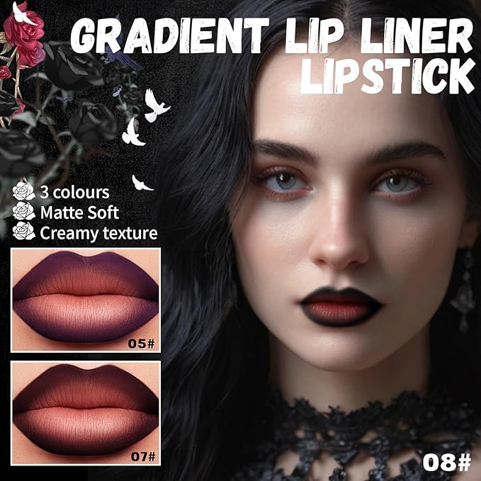 3 Colors 2 in 1 Gothic Lip Liner Set, Matte Purple Dark Red Black Lip Liner Plumping Smooth Creamy Lip Pencil, High Pigmented Long lasting Lip Stain Lipstick Goth Halloween Makeup, 05+07+08