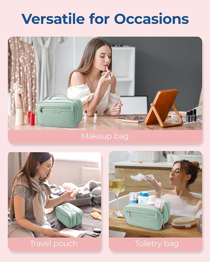 BAGSMART Travel Makeup Bag Large Capacity Cosmetic Bag, Wide-open Portable Make Up Bag Organizer for Women for Travel Essentials Toiletries Accessories Bottles, Brushes (Green)