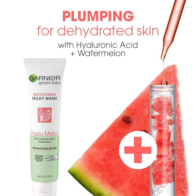 Garnier SkinActive Green Labs Hyalu-Melon Smoothing Milky Washable Cleanser with Hyaluronic Acid + Watermelon for Dehydrated Skin, Fine Lines, 2 Count (Packaging May Vary)