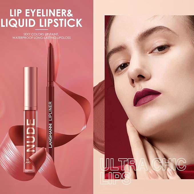 LANGMANNI 4pcs Matte Lipstick with Lipliners Durable Makeup Set,Long-Lasting Non-Stick Cup Not Fade Waterproof Pigmented Velvet Lipgloss Kit Beauty Cosmetics Makeup Gift for Girls(#3+4+6+12)