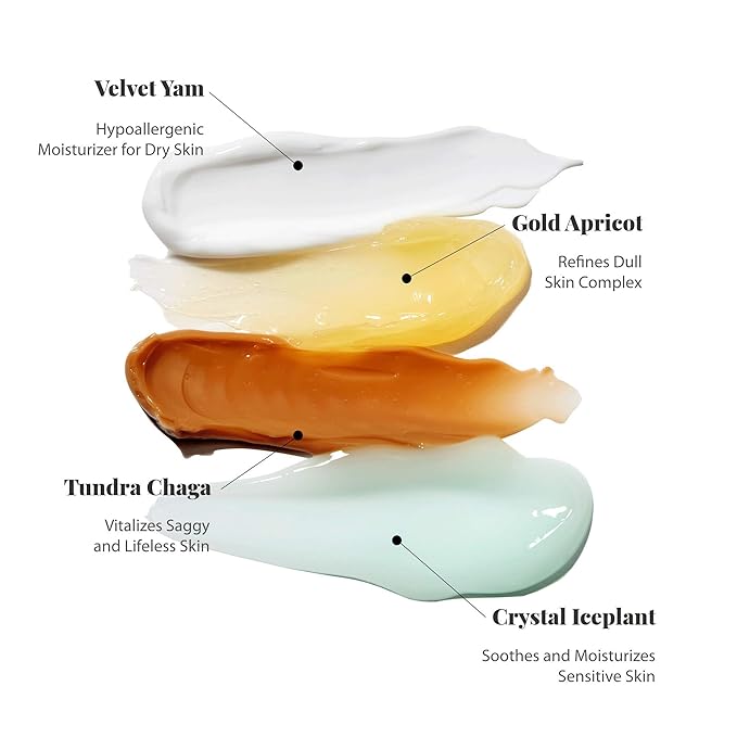 Blithe Pressed Serum Deluxe Collection Face Moisturizer - Hypoallergenic Facial Creams with Ingredients of Chaga Iceplant Yam & Apricot - Korean Beauty for All Seasons (Box Set 4pcs of 0.74 Fl Oz)