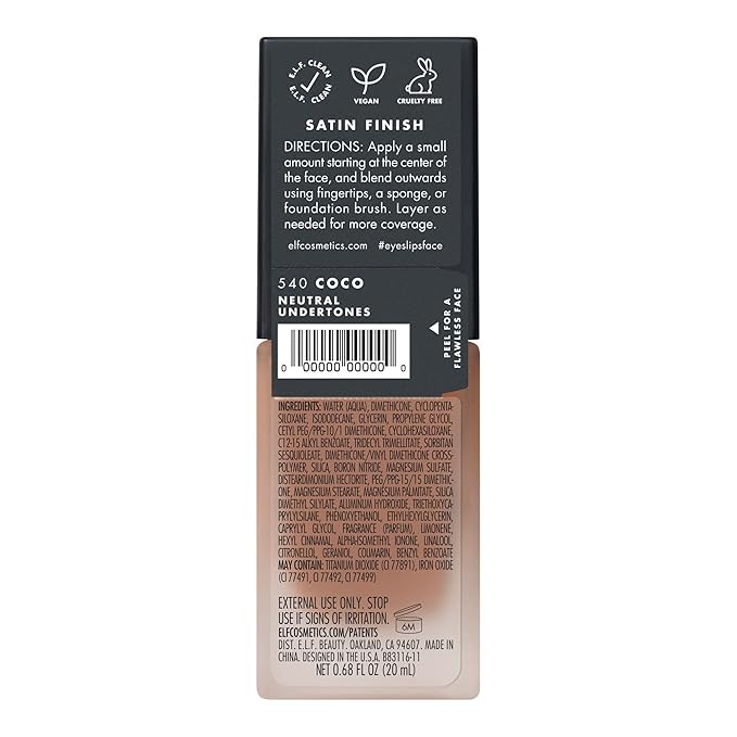 e.l.f. Flawless Satin Foundation, Lightweight & Medium Coverage, Semi-Matte Finish, Vegan & Cruelty-Free, Coco, 0.68 Fl Oz (20mL)
