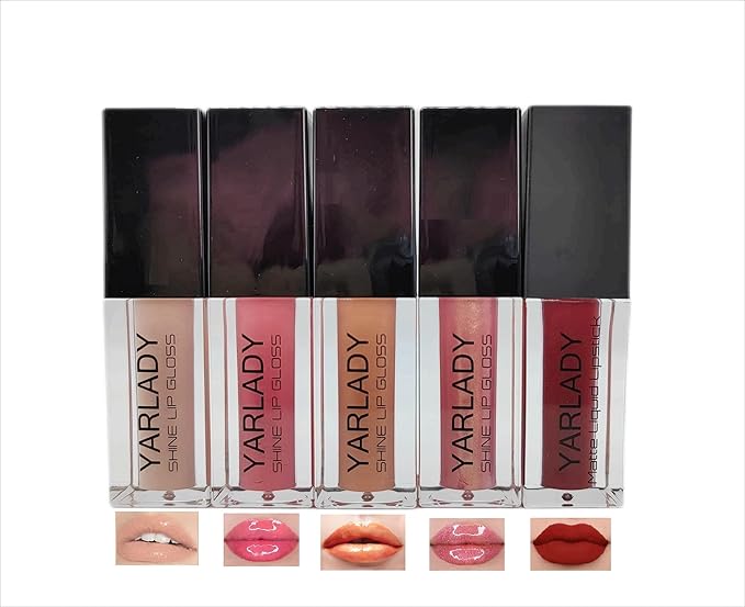 5pcs lip gloss combination set, 4pcs Shiny Lip gloss +1pcs lipstick matte long lasting 24 hours, Lip makeup Gift set