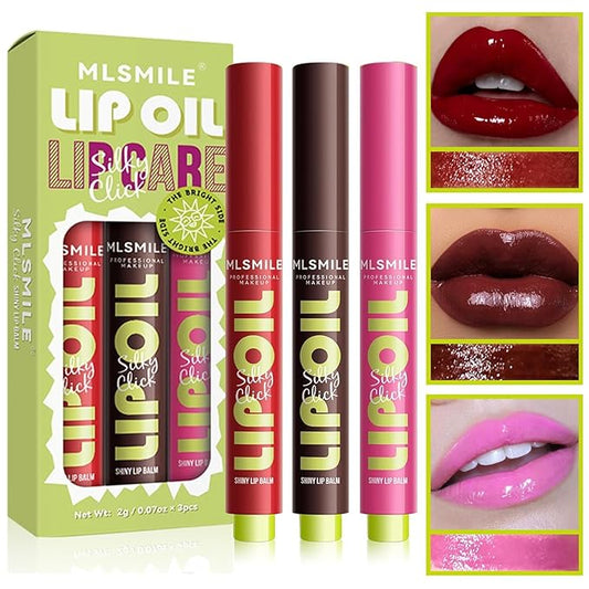 3 Colors Fat Lip Oil, Click Slick Moisturizing and Long-lasting Lip Balm, Non-stick and High Pigment Lip Glow Oil, Lightweight Lip Plumper with Coconut Oil Makeup (Set C)