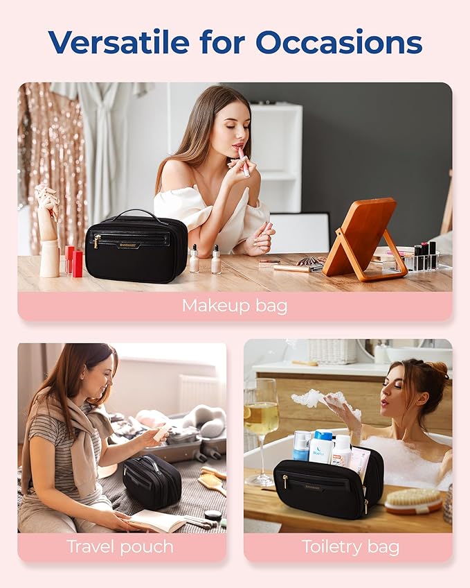 BAGSMART Toiletry Bag for Women, Travel Makeup Bag Organizer, Wide-open Make Up Bag Cosmetic Bags for Women for Travel Essentials Toiletries Accessories Bottles, Brushes, Black