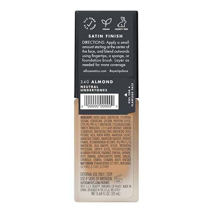 e.l.f. Flawless Satin Foundation, Lightweight & Medium Coverage, Semi-Matte Finish, Vegan & Cruelty-Free, Almond, 0.68 Fl Oz (20mL)