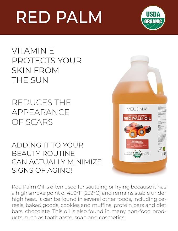 velona USDA Certified Organic Red Palm Oil 1 Gallon / 128 Fl Oz | Food and Cosmetic Grade | in jar | Extra Virgin, Cold Pressed | Skin, Face, Body, Hair Care | Use Today - Enjoy Results
