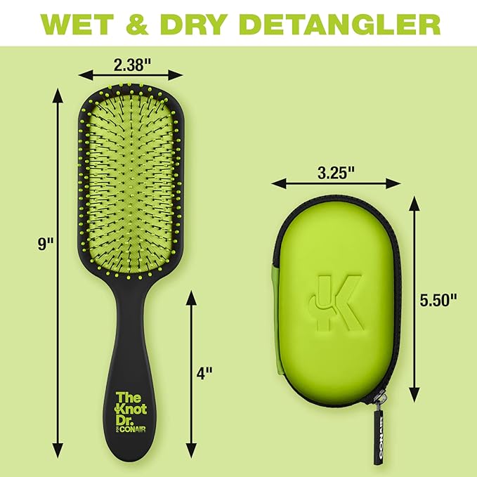 Conair The Knot Doctor for Premium Pro Detangling Brush for Wet or Dry Hair with Green Storage Case, Black