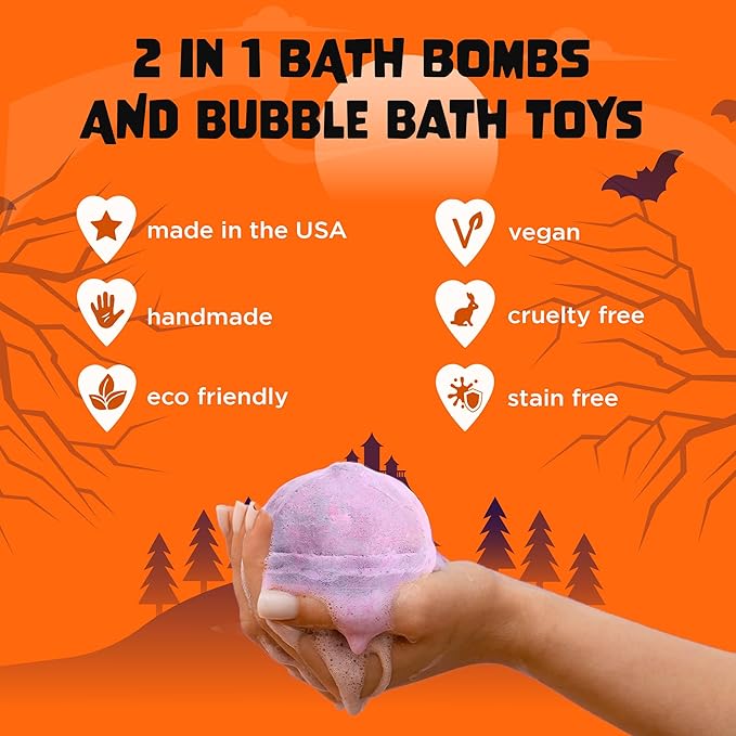 Halloween Bath Bomb for Kids with Surprise Toys Inside (6 Pack) - Large Pumpkin Spooky Bombs for Boys & Girls – Made in USA, Boo Basket Stuffers for Teens by Two Sisters