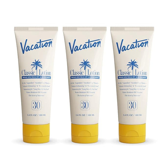 Vacation Classic Sunscreen Lotion SPF 30 3-Pack, Water Resistant Broad Spectrum Sunscreen Sun Block, Vegan Sun Tanning Lotion, Body Lotion with SPF, Travel Size Sunscreen, 3.4 fl. Oz. (Pack of 3)