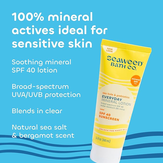 Seaweed Bath Co. Everyday Mineral SPF 40 Broad Spectrum Sunscreen Lotion, 3.4 Ounce, Sustainably Harvested Seaweed, Sea Kale, Prebiotics