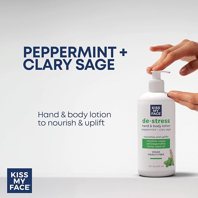 Kiss My Face De-Stress Hand & Body Lotion - Peppermint + Clary Sage - Soothing Rhodiola Rosea - With Hemp Seed Oil & Ashwagandha - Vegan & Cruelty-Free - 16 fl oz Bottle