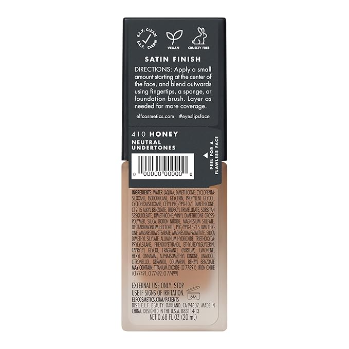 e.l.f. Flawless Satin Foundation, Lightweight & Medium Coverage, Semi-Matte Finish, Vegan & Cruelty-Free, Honey, 0.68 Fl Oz (20mL)