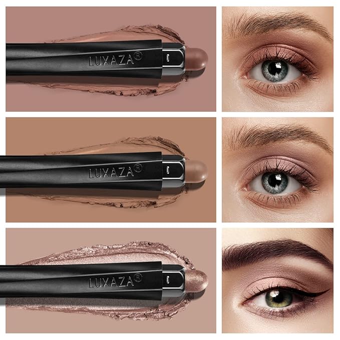 3Pcs Neutral Brown Eyeshadow Stick Set, Matte And Shimmer Creamy Eyeshadow Pencil, Shiny Pink Shadow, Waterproof Long Lasting Smoky Eye Makeup